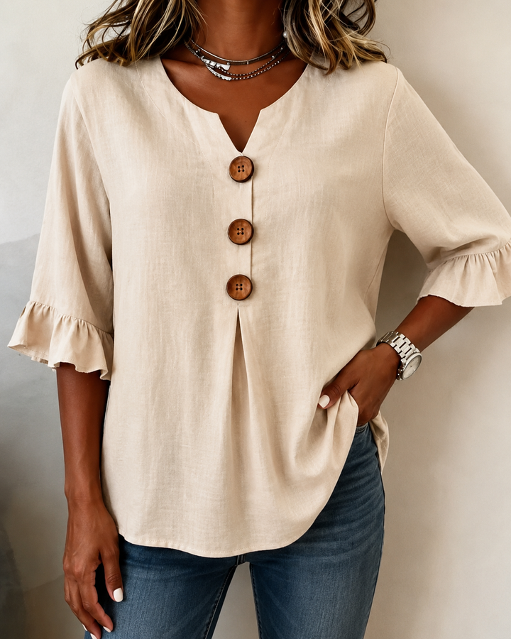 Kerria | Ruffle Sleeve Button Linen Blouse