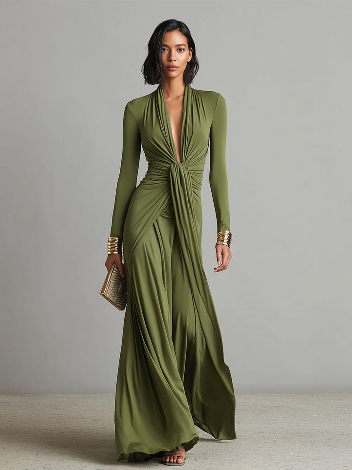 Oliv Seide Maxi Kleid V-Ausschnitt - 