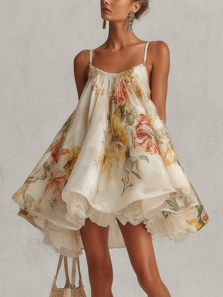 Sophie | Beige Floral Raso Trapeze Mini Dress with Lace Trim