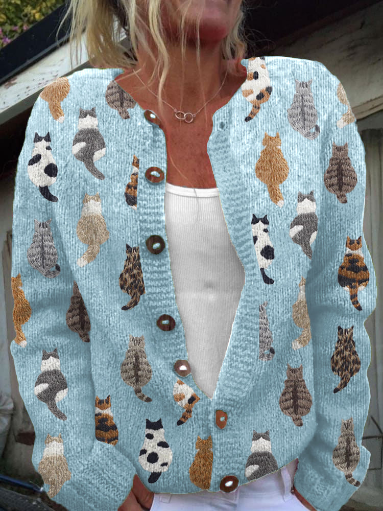 Sorielle | Cat Print Knit Cardigan - Blue