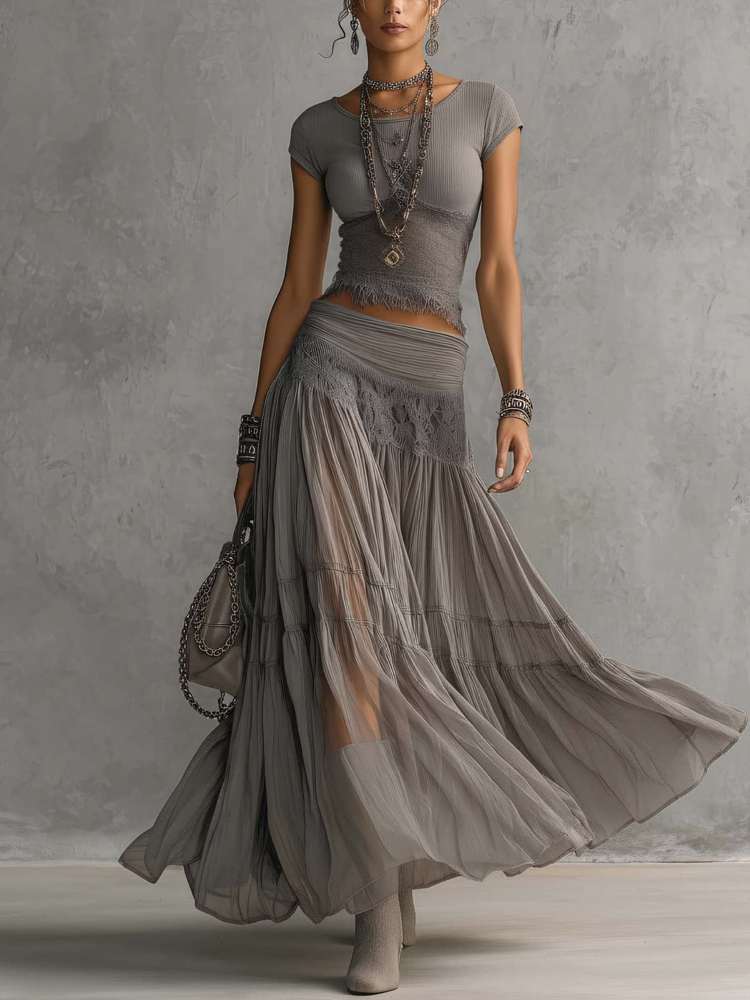 Vera | Grey Sheer Lace-Paneled Top and Pleated Maxi Skirt Set - Helen & Olivia Manhattan