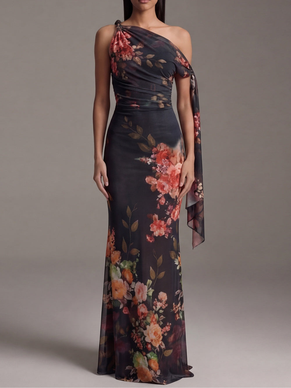 Zara | Black One-Shoulder Printed Pleated Chiffon Maxi Dress - Helen & Olivia Manhattan