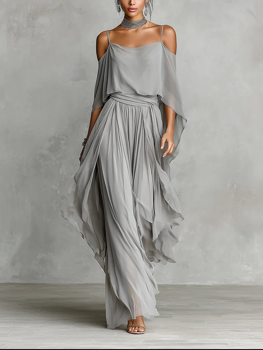 Hope | Grey off-shoulder flowy camisole and trousers chiffon set - Helen & Olivia Manhattan