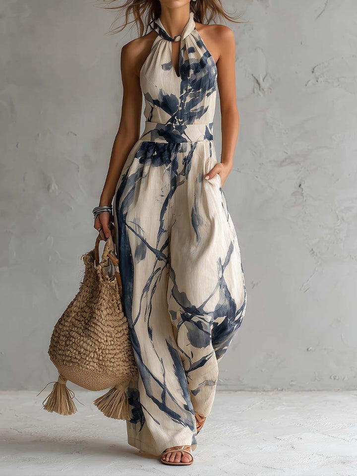 Gina | Halter Neck Ink Wash Print Wide Leg Jumpsuit With Pockets - Helen & Olivia Manhattan