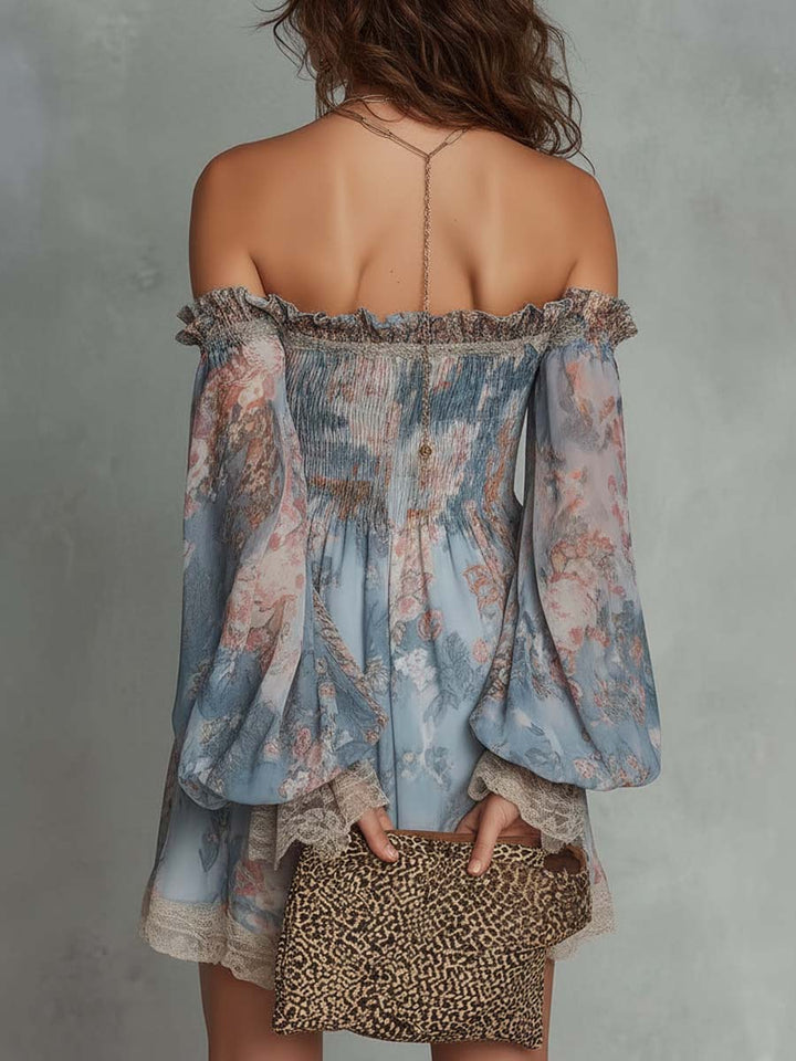 Elsie | Gathered Raso Off-Shoulder Mini Dress with Romantic Florals