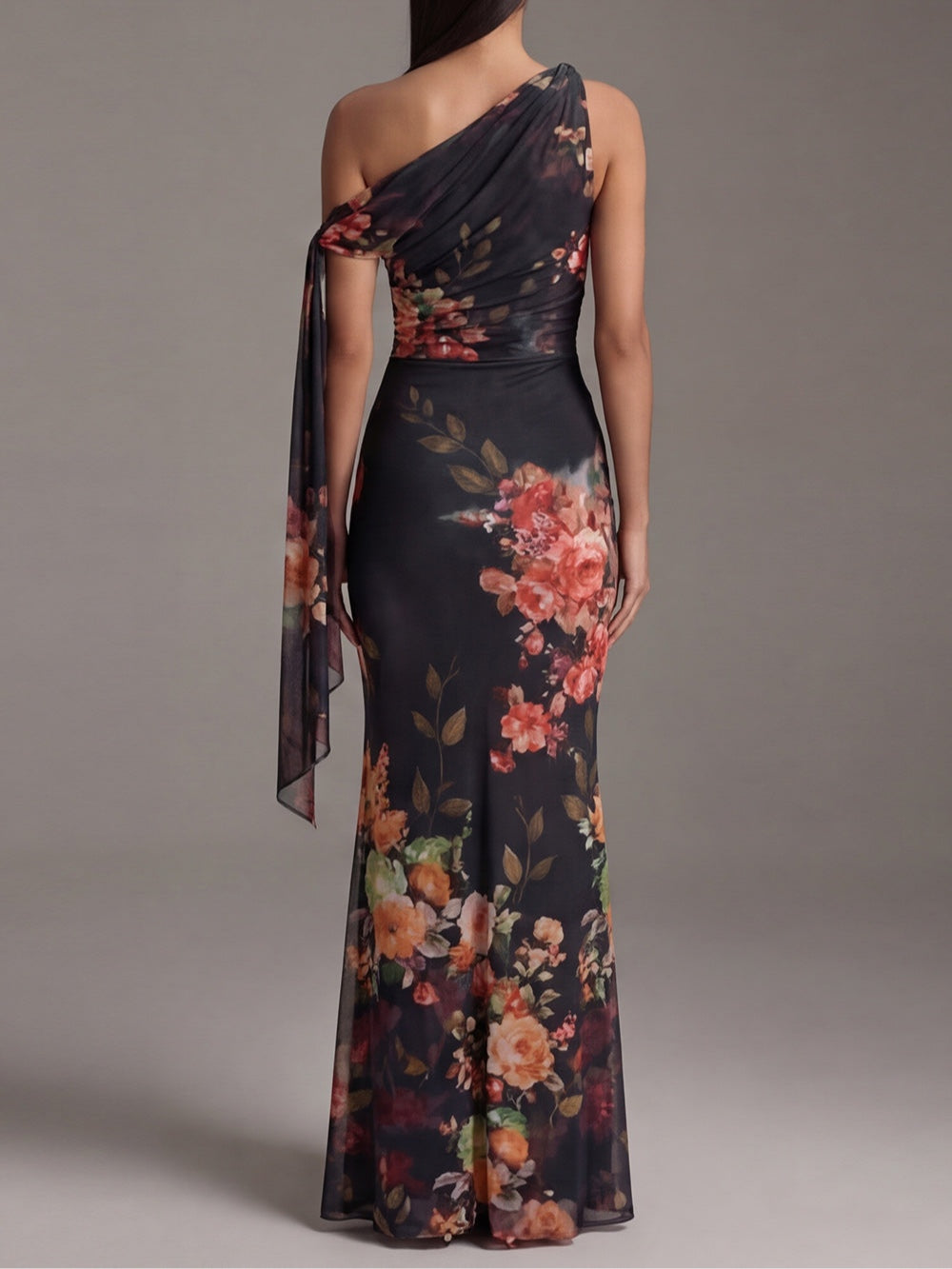Zara | Black One-Shoulder Printed Pleated Chiffon Maxi Dress - Helen & Olivia Manhattan
