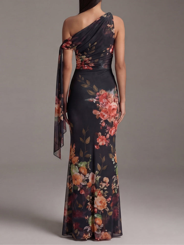 Zara | Black One-Shoulder Printed Pleated Chiffon Maxi Dress - Helen & Olivia Manhattan