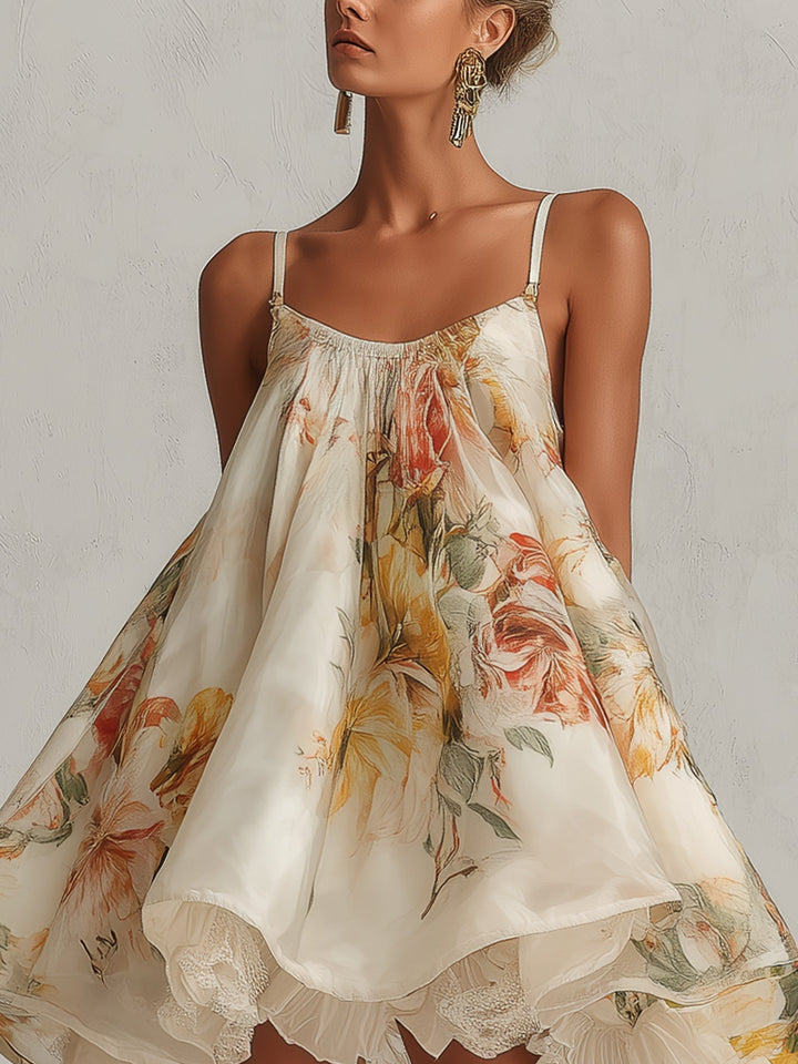 Sophie | Beige Floral Raso Trapeze Mini Dress with Lace Trim