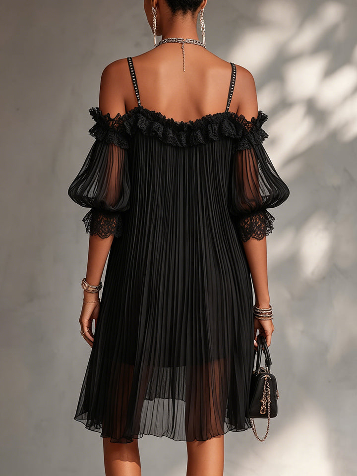 Ottavia | Black Chiffon Mini Dress with Open Shoulders & Lace Trim