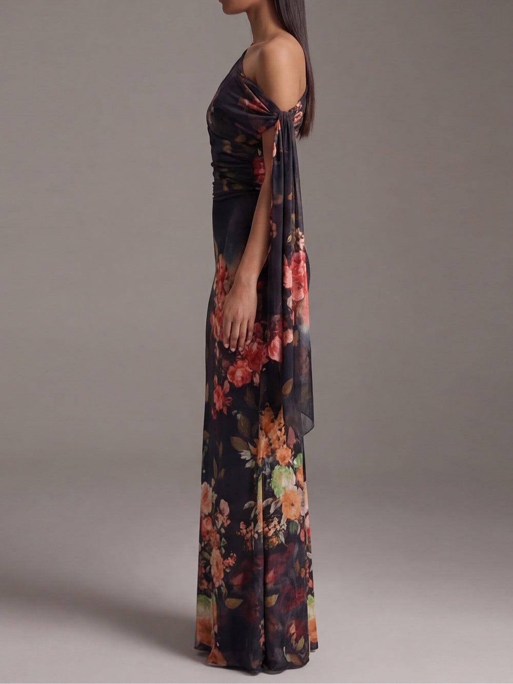 Zara | Black One-Shoulder Printed Pleated Chiffon Maxi Dress - Helen & Olivia Manhattan