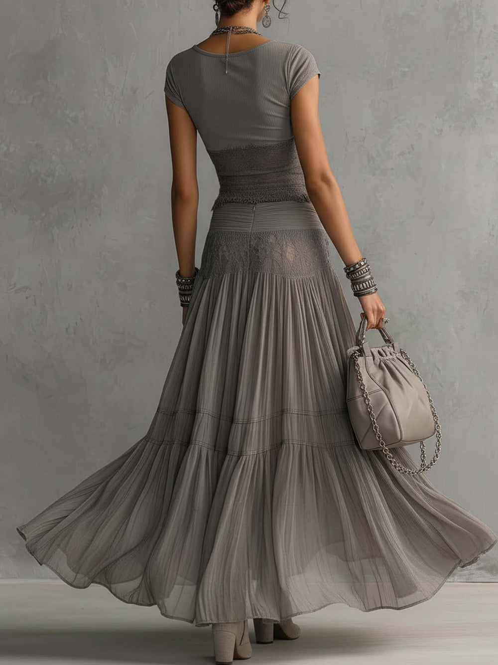 Vera | Grey Sheer Lace-Paneled Top and Pleated Maxi Skirt Set - Helen & Olivia Manhattan