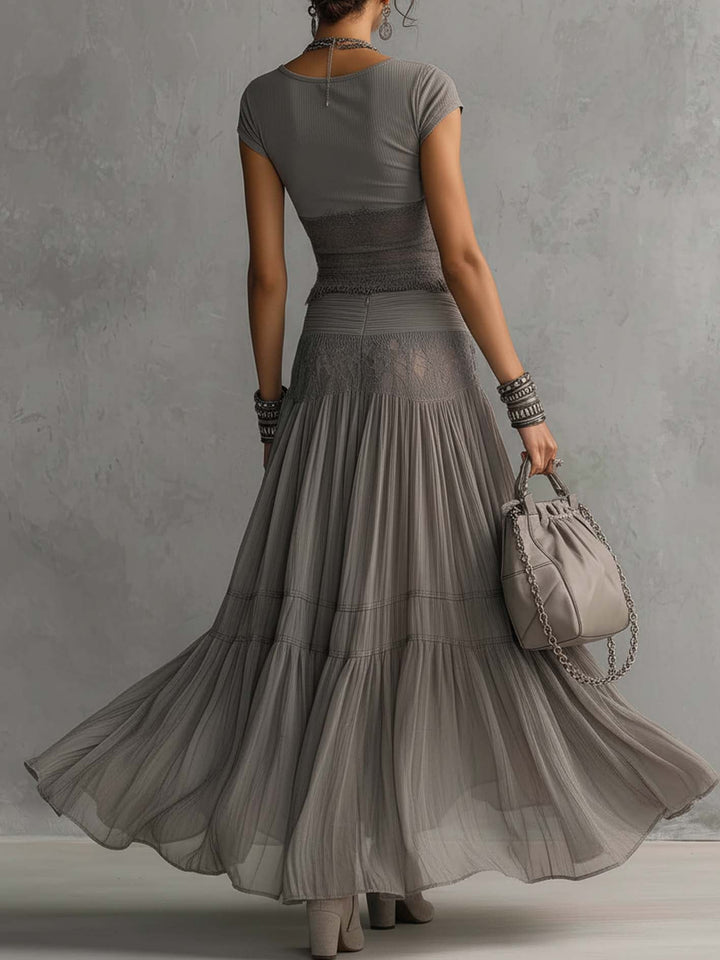 Vera | Grey Sheer Lace-Paneled Top and Pleated Maxi Skirt Set - Helen & Olivia Manhattan
