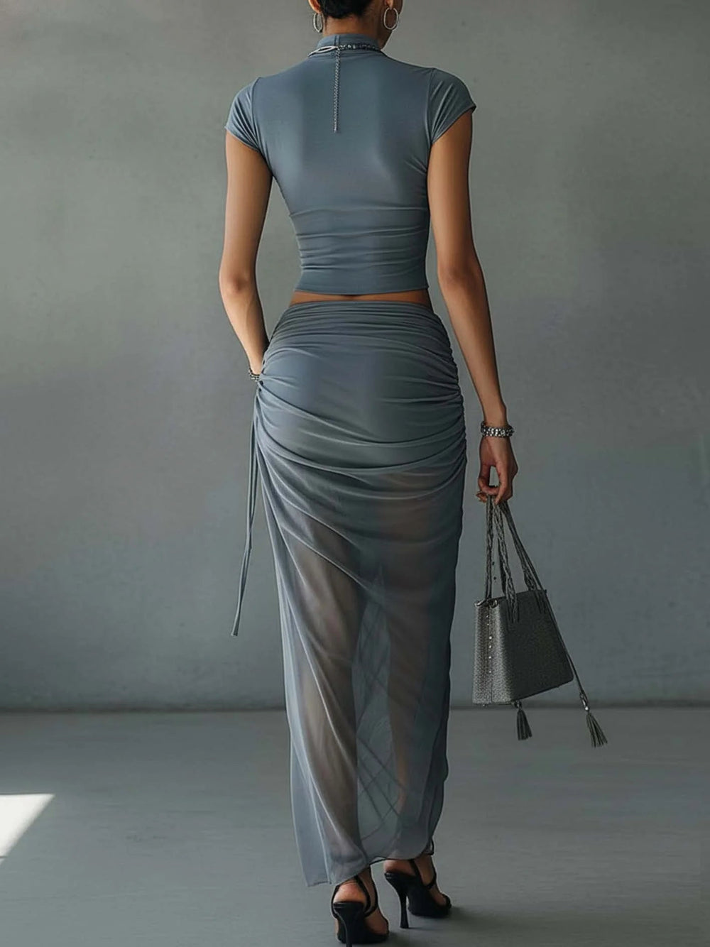 Nadia | Blue Cropped T-Shirt and Sheer Mesh Draped Skirt Set - Helen & Olivia Manhattan