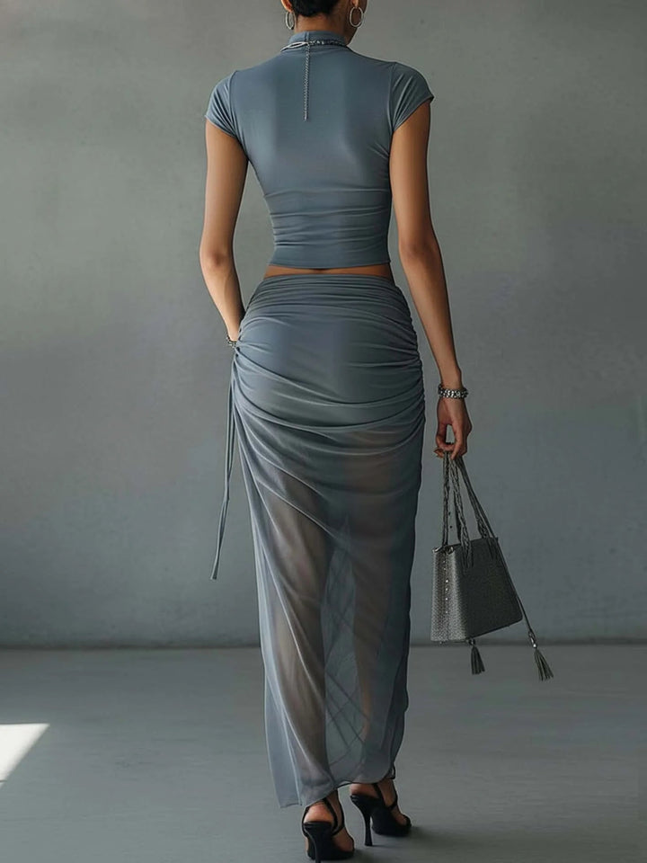 Nadia | Blue Cropped T-Shirt and Sheer Mesh Draped Skirt Set - Helen & Olivia Manhattan