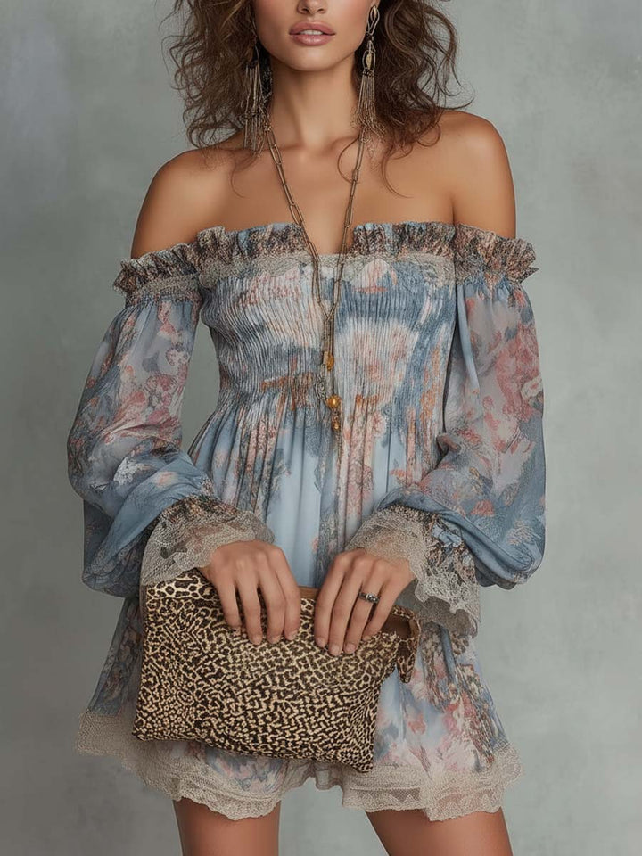 Elsie | Gathered Raso Off-Shoulder Mini Dress with Romantic Florals