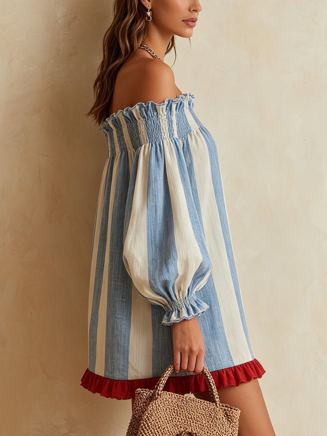 Iris | Blue & White Striped Off-Shoulder Mini Dress with Contrast Hem
