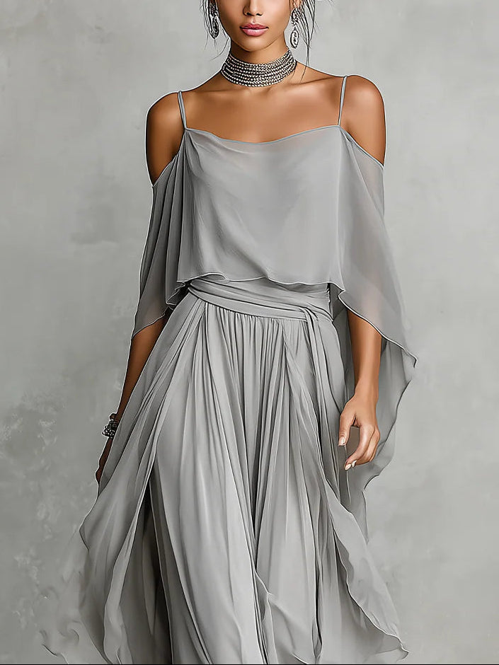 Hope | Grey off-shoulder flowy camisole and trousers chiffon set - Helen & Olivia Manhattan