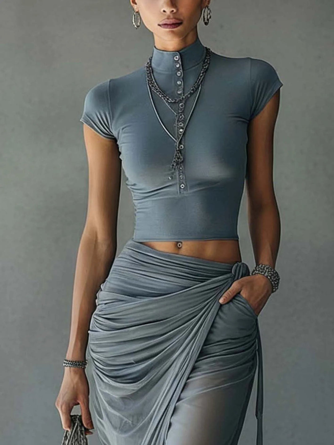 Nadia | Blue Cropped T-Shirt and Sheer Mesh Draped Skirt Set - Helen & Olivia Manhattan