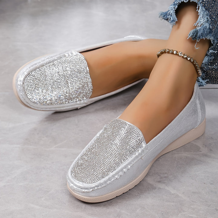 Henrike | Women's Comfy Wide Fit Slip-On Cushion Sole Loafers with Sparkly Rhinestones