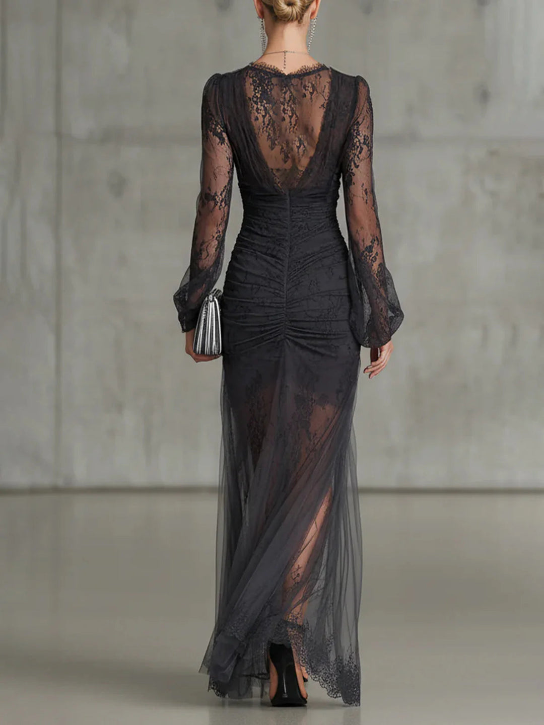 Eve | Dark Grey Lace Ruched Sheer Long Sleeve Slit Maxi Dress - Helen & Olivia Manhattan