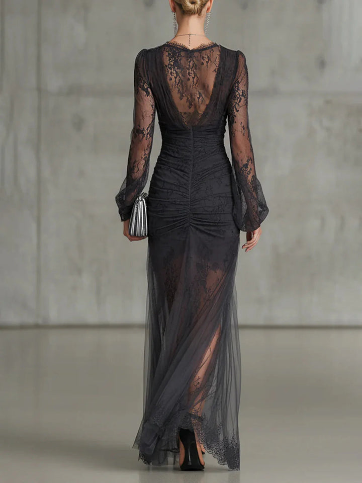 Eve | Dark Grey Lace Ruched Sheer Long Sleeve Slit Maxi Dress - Helen & Olivia Manhattan