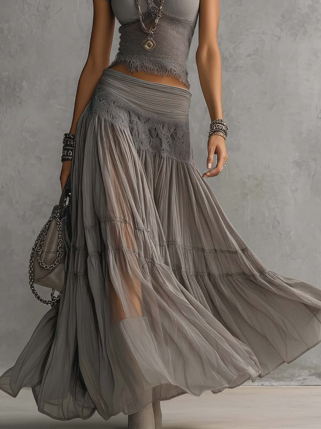 Vera | Grey Sheer Lace-Paneled Top and Pleated Maxi Skirt Set - Helen & Olivia Manhattan
