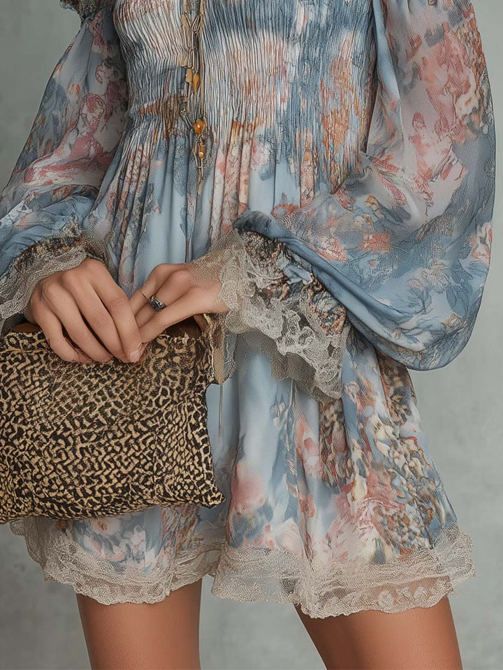 Elsie | Gathered Raso Off-Shoulder Mini Dress with Romantic Florals