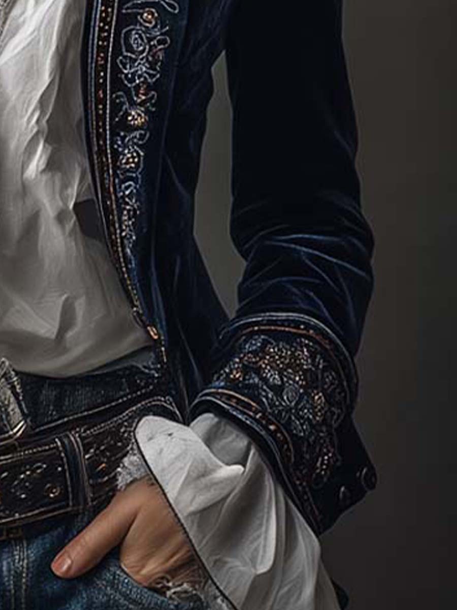 Athenais | Vintage Embroidered Long Navy Jacket