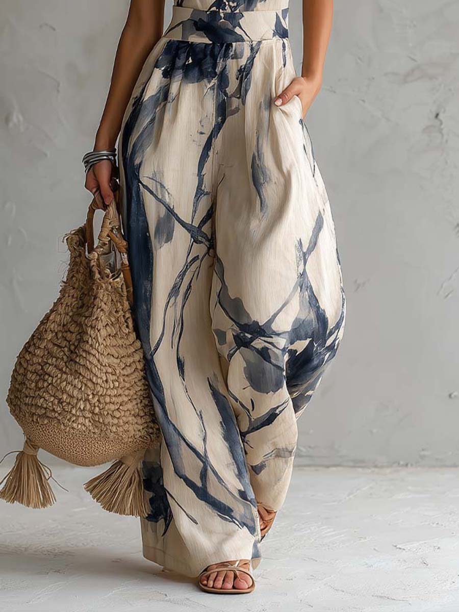 Gina | Halter Neck Ink Wash Print Wide Leg Jumpsuit With Pockets - Helen & Olivia Manhattan