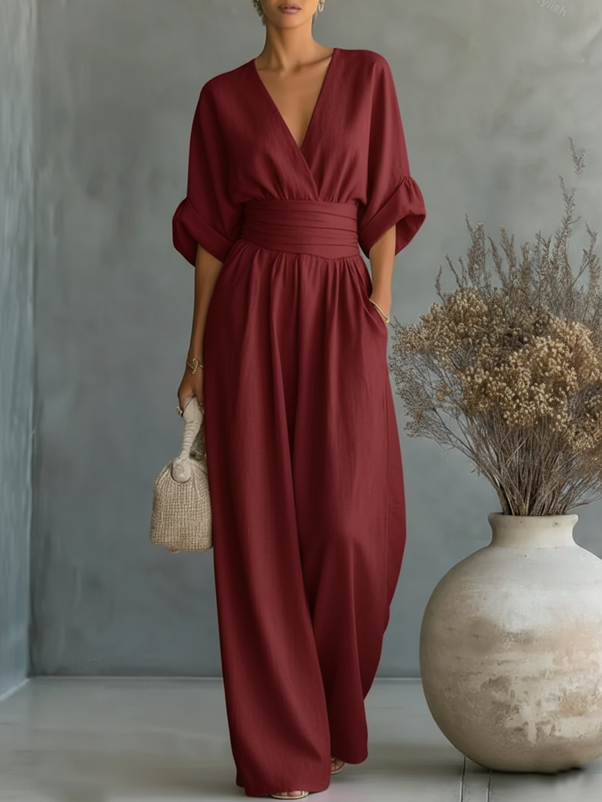 Maja | Eleganter V-Ausschnitt Hochtaillierter Jumpsuit - Helen & Olivia Manhattan