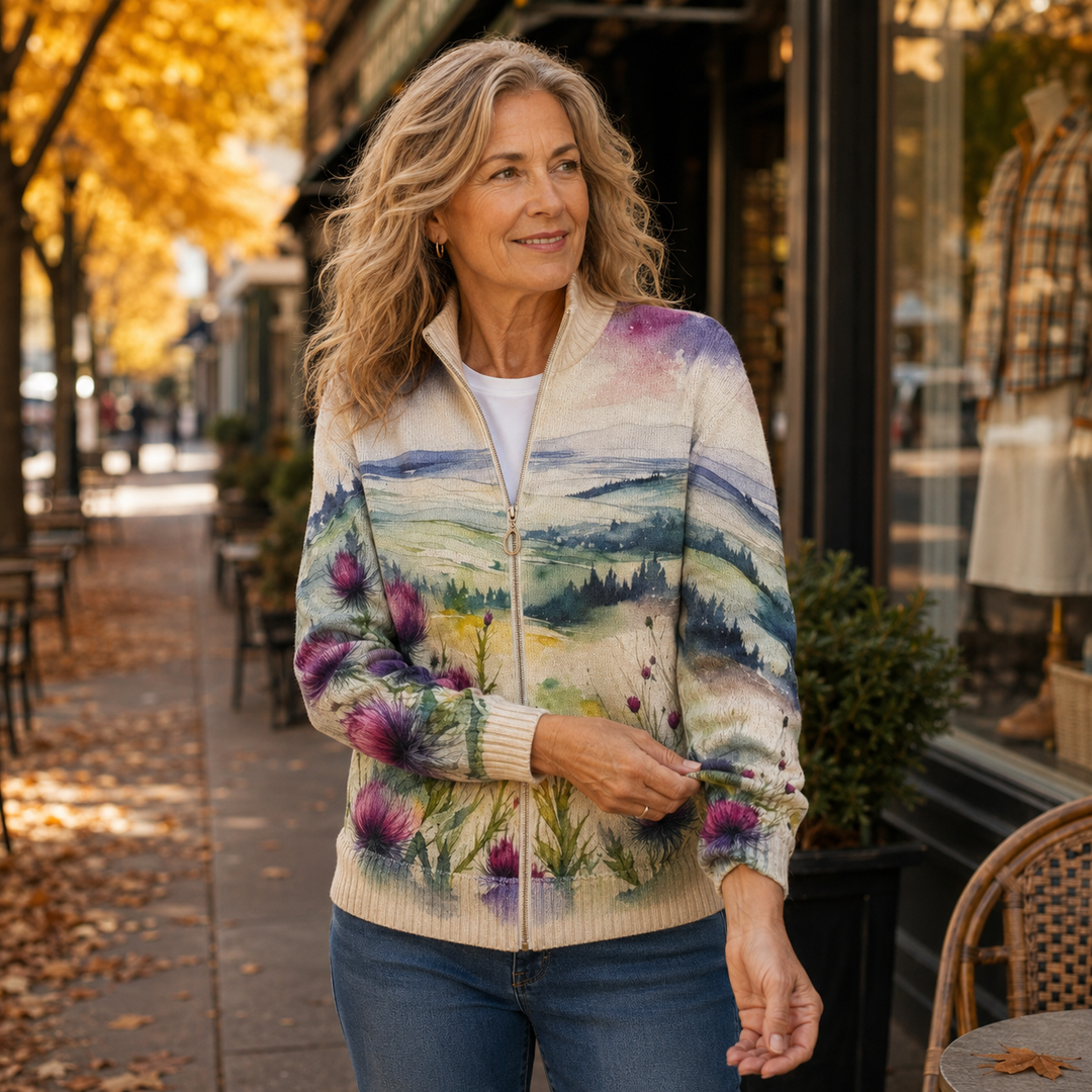 Marlowe | Thistle Landscape Zip Cardigan - Helen & Olivia Manhattan