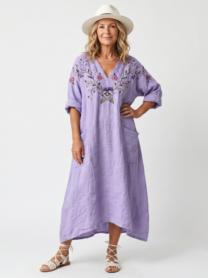 Tavi | Dress Midi Embroidered Floral with Tasche Oversize