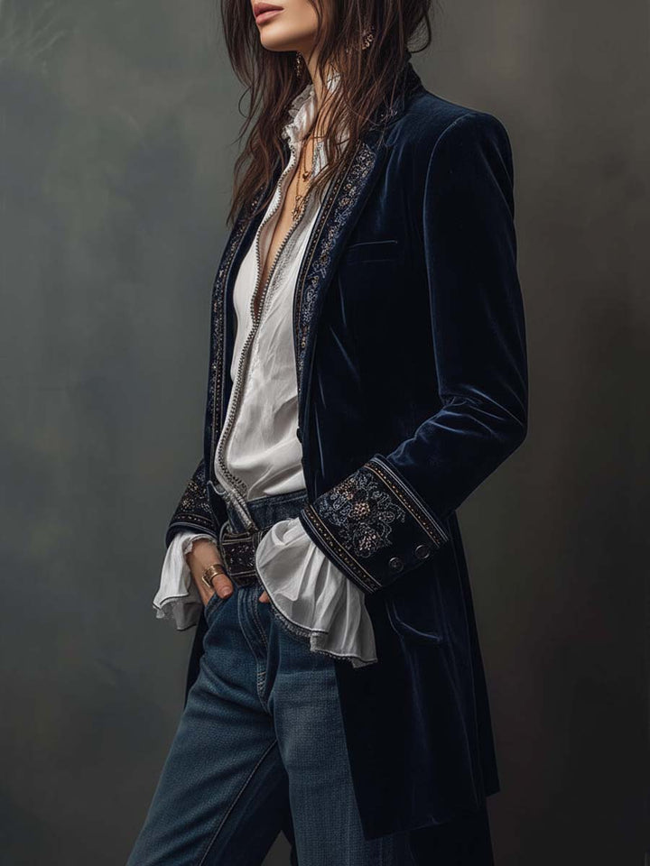Athenais | Vintage Embroidered Long Navy Jacket