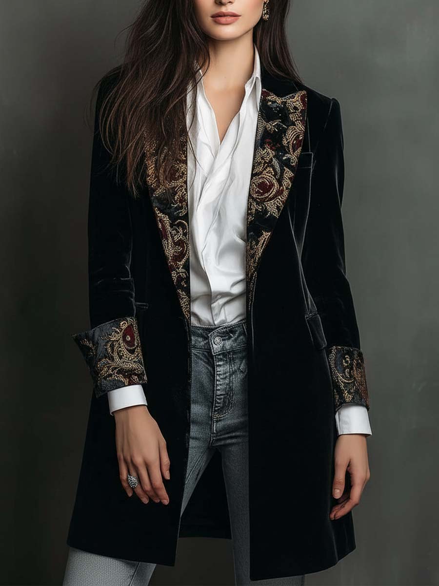 Leontine | Fitted Black Baroque-Print Blazer