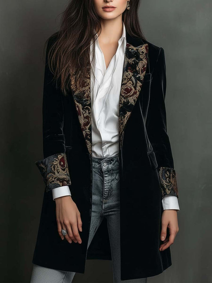 Leontine | Fitted Black Baroque-Print Blazer