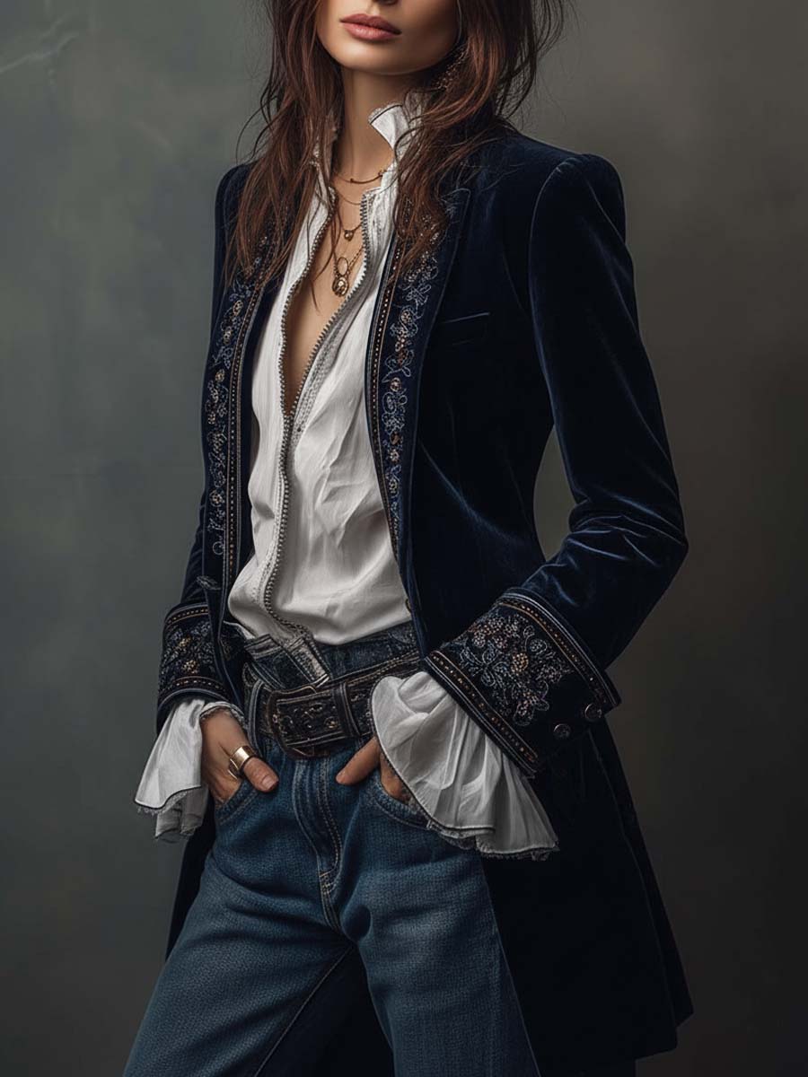 Athenais | Vintage Embroidered Long Navy Jacket