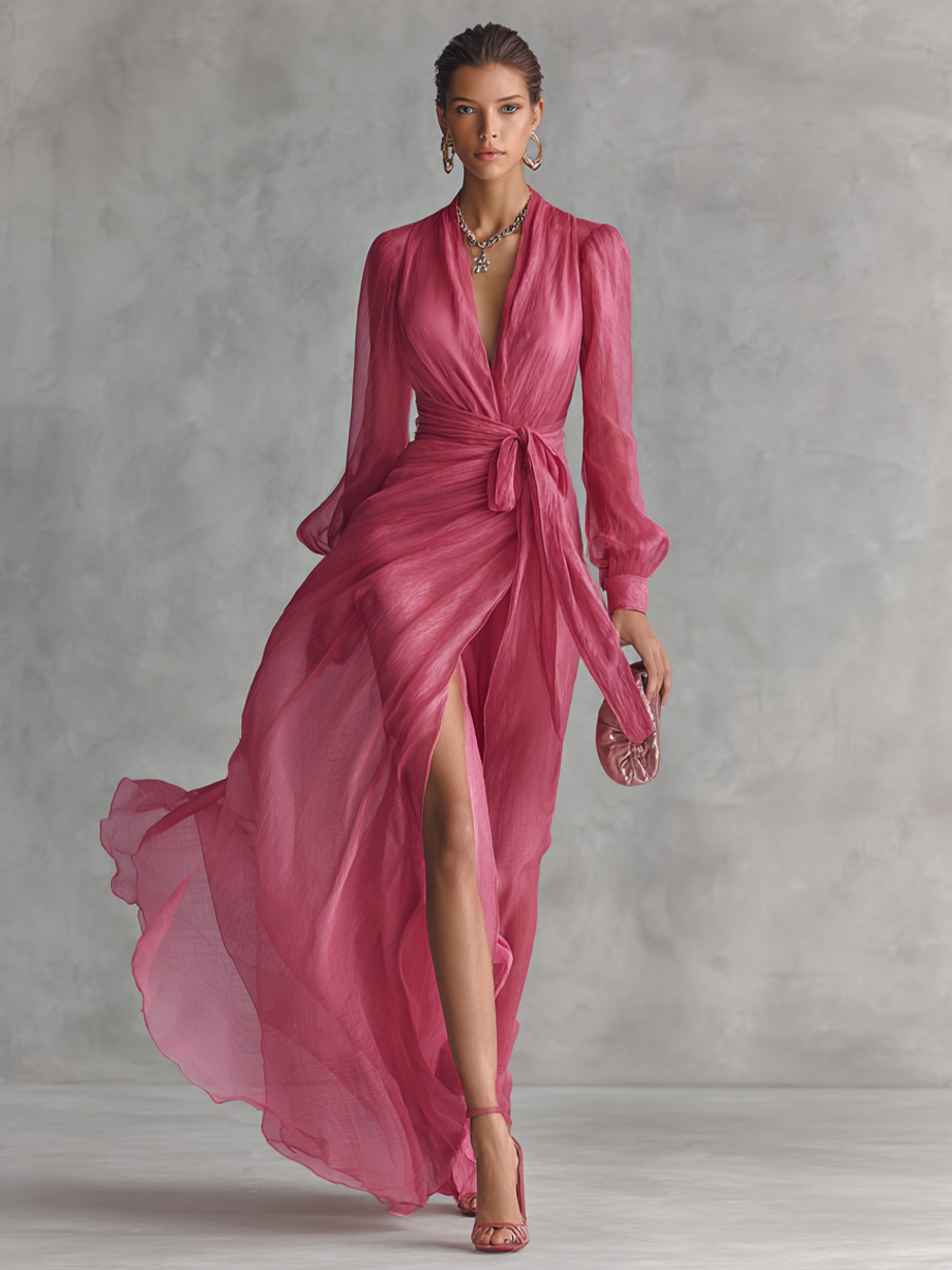 Rosa Chiffonkleid mit V-Ausschnitt - 