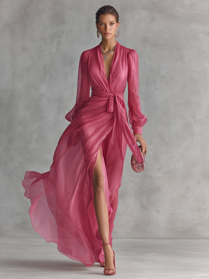 Rosa Chiffonkleid mit V-Ausschnitt - 