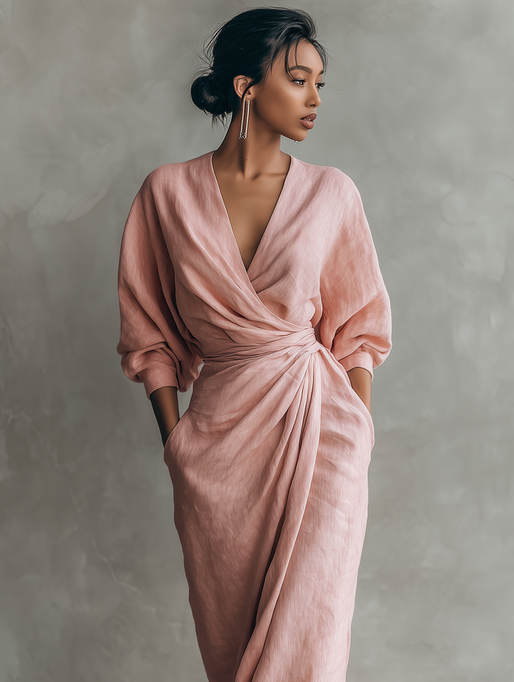 Rosa Leinen Maxi Kleid V-Hals - 