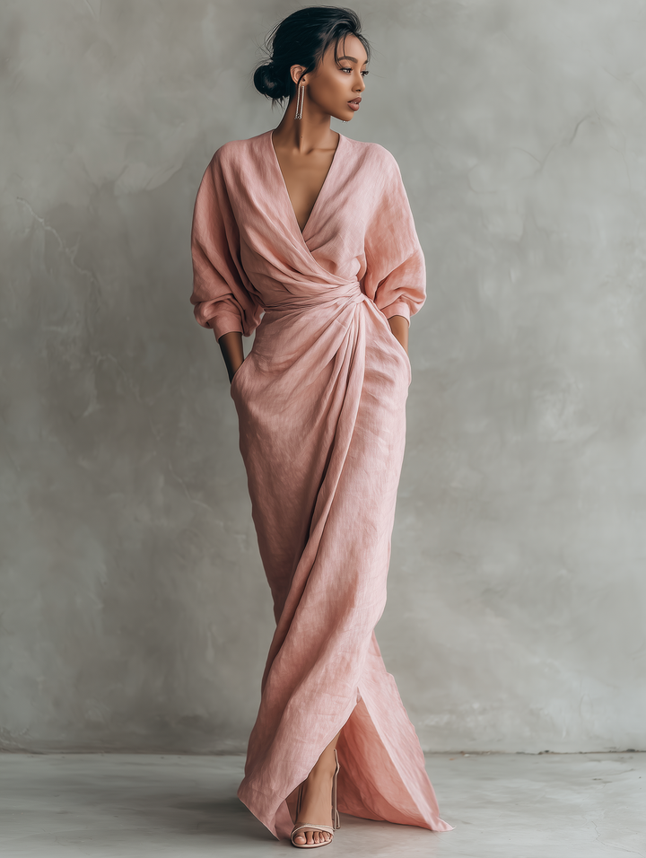 Rosa Leinen Maxi Kleid V-Hals - 