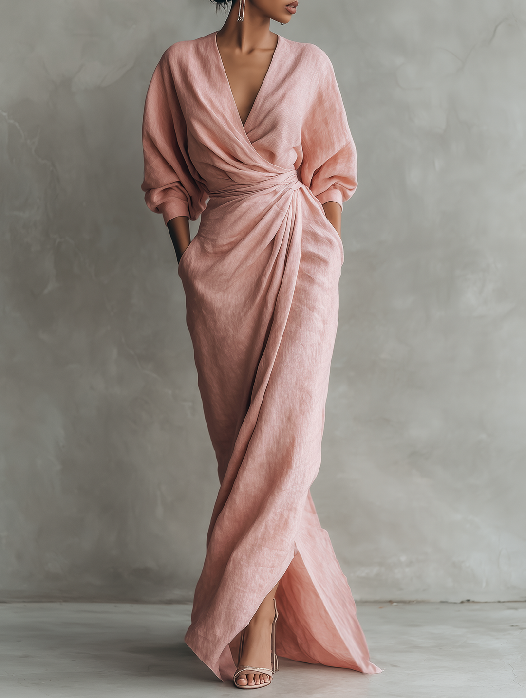Rosa Leinen Maxi Kleid V-Hals - Pink