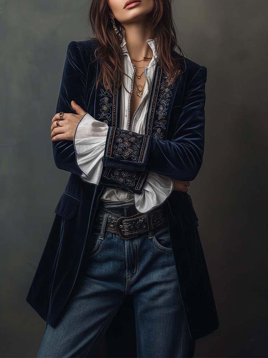 Athenais | Vintage Embroidered Long Navy Jacket