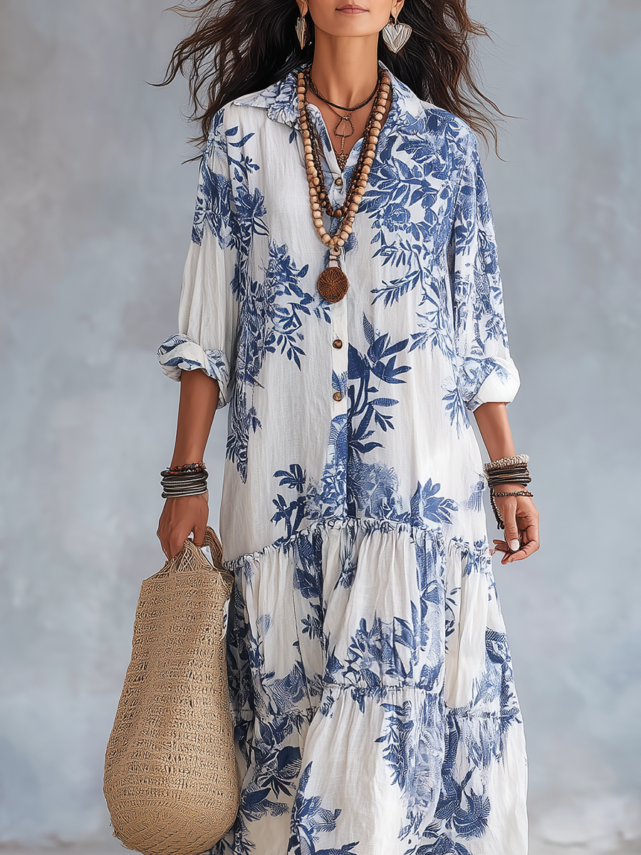 Fern | Bluee Floral with Buttons Maxi Dress