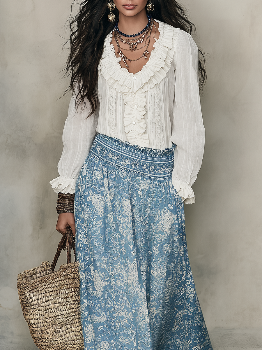 Tess | White Ruffled Shirt & Blue Jacquard
