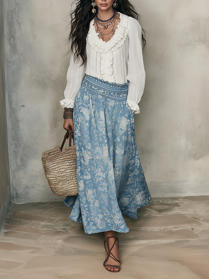 Tess | White Ruffled Shirt & Blue Jacquard