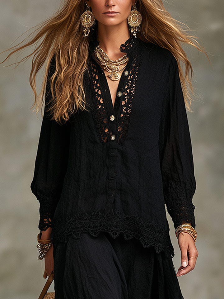 Mae | Black Lace Shirt & Skirt Completo