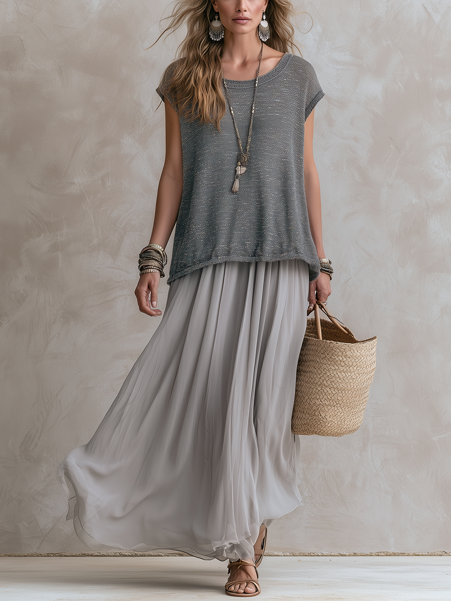 Moon | Gray Knit Top & Chiffon Skirt