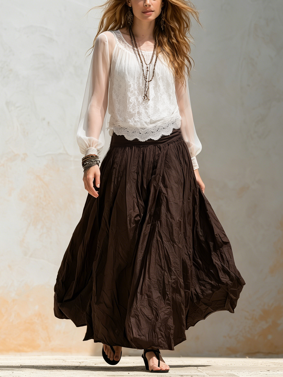 Hazel | Lace Chiffon Top & Brown Skirt