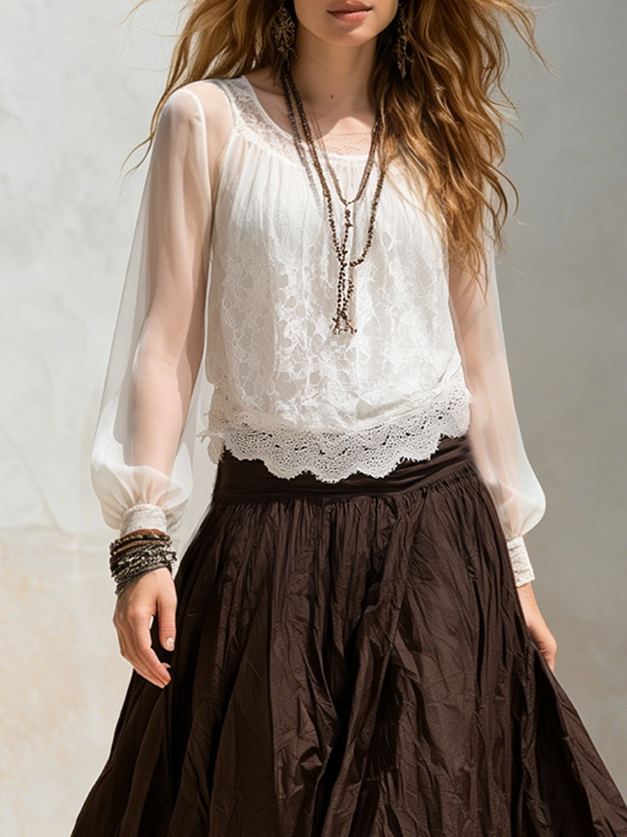 Hazel | Lace Chiffon Top & Brown Skirt