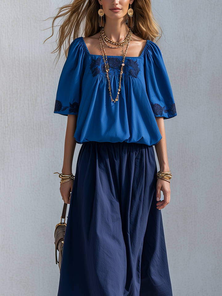 Briar | Cotton Linen Blue Colour-blocked Skirt Completo